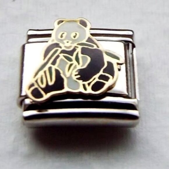 Enamel Panda eating bamboo 9mm stainless steel Italian charm bracelet link new - Picture 1 of 2